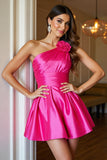 Fuchsia One Shoulder Ruched Short Cocktail Dress with 3D Flowers
