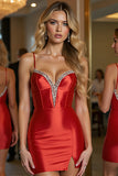 Sparkly Red Satin Spaghetti Straps Mini Cocktail Dress with Beading