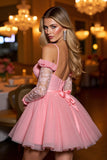 Pink Corset A Line Cold Shoulder Short Cocktail Dress with Lace