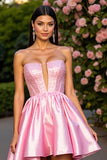 Sparkly Pink Satin Corset Strapless Short Cocktail Dress with Beading