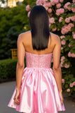 Sparkly Pink Satin Corset Strapless Short Cocktail Dress with Beading