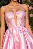 Sparkly Pink Satin Corset Strapless Short Cocktail Dress with Beading