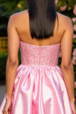 Sparkly Pink Satin Corset Strapless Short Cocktail Dress with Beading