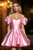Pink A Line Corset Off the Shoulder Short Cocktail Dress