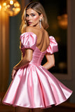 Pink A Line Corset Off the Shoulder Short Cocktail Dress