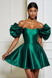 Dark Green Satin A Line Ruffled Corset Short Cocktail Dress