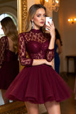 Burgundy Corset High Neck 3/4 Sleeves Short Cocktail Dress with Lace