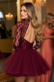 Burgundy Corset High Neck 3/4 Sleeves Short Cocktail Dress with Lace