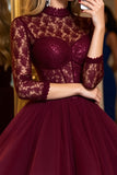 Burgundy Corset High Neck 3/4 Sleeves Short Cocktail Dress with Lace