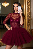 Burgundy Corset High Neck Tulle Short Cocktail Dress with Lace