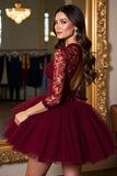 Burgundy Corset High Neck Tulle Short Cocktail Dress with Lace