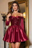 Sparkly Burgundy Long Sleeves Short Cocktail Dress with Sequins