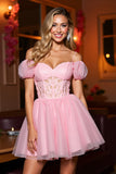 Pink Tulle A Line Corset Cold Shoulder Short Cocktail Dress