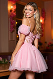 Pink Tulle A Line Corset Cold Shoulder Short Cocktail Dress