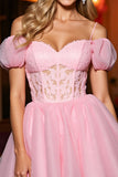 Pink Tulle A Line Corset Cold Shoulder Short Cocktail Dress