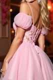 Pink Tulle A Line Corset Cold Shoulder Short Cocktail Dress