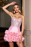 Sparkly Pink Satin Bodycon Beaded Short Cocktail Dress with 3D Flowers