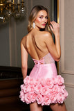 Sparkly Pink Satin Bodycon Beaded Short Cocktail Dress with 3D Flowers