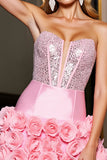 Sparkly Pink Satin Bodycon Beaded Short Cocktail Dress with 3D Flowers