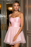Pink A Line Tulle Spaghetti Straps Short Cocktail Dress