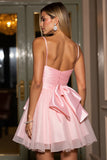 Pink A Line Tulle Spaghetti Straps Short Cocktail Dress