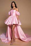 Pink Satin A Line Off the Shoulder High Low Cocktail Dress