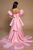 Pink Satin A Line Off the Shoulder High Low Cocktail Dress