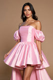 Pink Satin A Line Off the Shoulder High Low Cocktail Dress