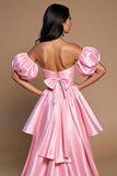 Pink Satin A Line Off the Shoulder High Low Cocktail Dress