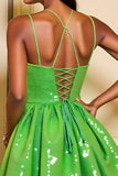 Sparkly Green A Line Sequins Halter Short Cocktail Dress
