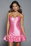Hot Pink Satin Bodycon Ruffled Short Cocktail Dress