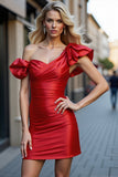 Red Satin One Shoulder Mini Cocktail Dress with Ruffles