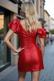 Red Satin One Shoulder Mini Cocktail Dress with Ruffles