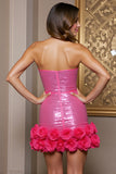 Sparkly Fuchsia Sequins Sweetheart Floral Mini Cocktail Dress