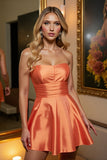 Orange Satin A Line Strapless Short Cocktail Dress