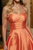 Orange Satin A Line Strapless Short Cocktail Dress