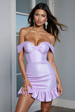 Lilac Corset Ruched Bodycon Mini Cocktail Dress with Ruffles