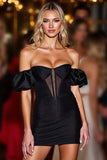 Off The Shoulder Corset Little Black Dress with Puff Sleeves