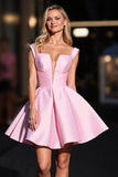Pink Satin Corset Ruched A Line Short Cocktail Dress