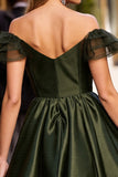 Off The Shoulder Satin Army Green Short Cocktail Dress