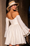 A Line Ivory Satin Long Sleeves Midi Cocktail Dress