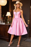 Sparkly Pink Satin A Line Midi Cocktail Dress