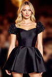 Black A Line Short Satin Cocktail Dress with Ruffles