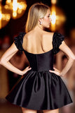 Black A Line Short Satin Cocktail Dress with Ruffles