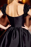Black A Line Short Satin Cocktail Dress with Ruffles