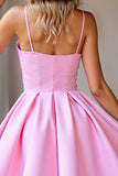 Pink  A Line Satin Spaghetti Straps Short Homecoming Dress