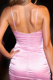 Sparkly Pink Bodycon Satin Ruched Short Cocktail Dress