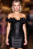 Black Satin Bodycon Corset Mini Cocktail Dress with Ruffles