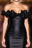 Black Satin Bodycon Corset Mini Cocktail Dress with Ruffles
