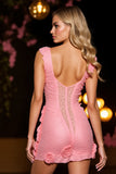 Pink Bodycon Ruched Floral Mini Cocktail Dress